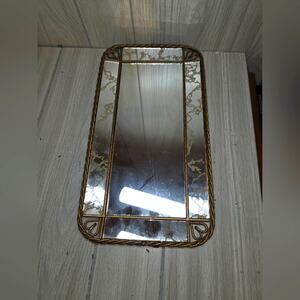 Vtg 70s Ornate Vanity Tray Gilded Gold Twisted Metal Mirrored Accent Mirror MCM